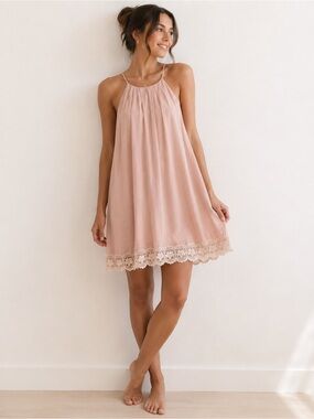 Monteau Peachy Blush Pink Swing Dress with Lace Hem / Feminine Slip Dress / Med